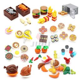 Kitchens Play Food Mini food kitchen accessories toys building blocks parts hamburgers pizza french fries cakes desserts chocolate cookies