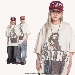 H0PB Retro Designer t shirts for Men and Women Bigthing High Street Trendy Brand Saint Michael Jesus Distressed Print Vintage Short Sleeved Trendy