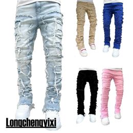 Streetwise Stretch Patch Jeans For Men Bottom Baggy Mens Clothing Summer Solid Fashion Mid Waist Patchwork Long Pants Male 240507