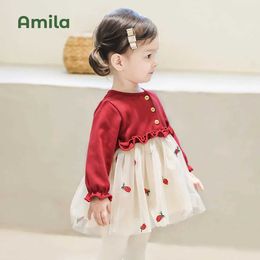 Girl's Dresses Amila Baby Girl Princess Dresses 2023 Spring Autumn New Breathable Yarn Patchwork Print Childrens Birthday Cute ClothingL240502