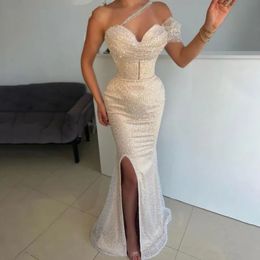 2024 Glitter Mermaid Evening Dress 2024 One Shoulder Sequins Beads Pleats Tulle Prom Formal Dresses Party Gowns Arabic Dubai Robe De Soiree Customed