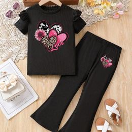 Clothing Sets Girls Summer Love Printed Flying Sleeves Fashion Cute Set For School Sports Games Loose And Breathable Two Piece