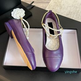 2024 Heels Round Toes Loafers With Pearl Heart-shaped Matelasse Purple Peach Pink Leisure Shoe