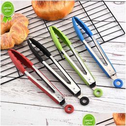 Cooking Utensils New Sile Bbq Grilling Tong Kitchen Salad Bread Serving Non-Stick Barbecue Clip Clamp Stainless Steel Tools Gadgets Dr Dhy9D