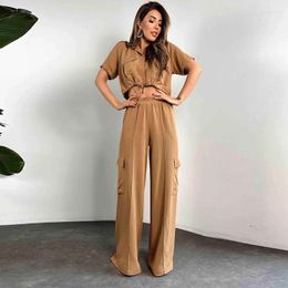 Women's Two Piece Pants Oversized Cargo Sweatpants Outfits For Women Summer Black Short Sleeve Crop Tops And Long Wide Leg Tracksuit