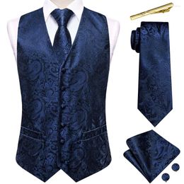 Men's Vests Hi-Tie Paisley Silk For Men Navy Blue Jacquard Sleeveless Waistcoat Jacket Necktie Hanky Cufflinks Set Business Party Gift