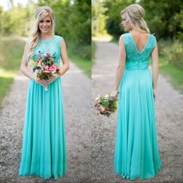 Country Style Turquoise Bridesmaid Dresses Crew Neck Lace Chiffon Long Maid of Honour Wedding Party Dresses Summer 258h