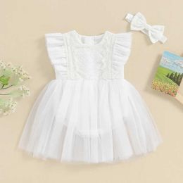 Girl's Dresses Infant Baby Girl Summer Romper Dress Cute Flying Sleeve Round Neck Tulle Skirt Hem Lace Romper with Headband Outfit