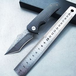 1Pcs New High End Flipper Knife D2/Damascus Steel Tanto Point Blade G10/Carbon Fiber Handle Ball Bearing EDC Pocket Knives