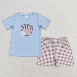 Clothing Sets BSSO0723 Baby Boys Clothes Embroidered Baseball Blue Short Sleeve Plaid Shorts Summer Boutique Wholesale For Girls