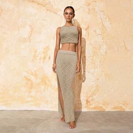 Crochet Skirt Bikini Bottom Two-piece Set Cropped Top Slit Bodycon Long Summer Dress Sexy Beach Cover Up Swimsuit Cover-ups