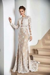 Eleganckie sukienki ślubne syreny o Aplikacje szyi koronkowe długie rękawy vestidos de novia niestandardowe szampanowe suknie ślubne