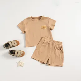 Clothing Sets Summer Kids Clothes Casual Outfits Solid Muslin Baby Boy Short Sleeves T Shirt For Chirldren Suit With Bear Embroid