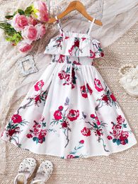 Girl's Dresses Girls summer new casual vacation style romantic floral ruffle skirt jumpsuit