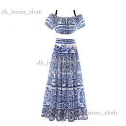 Chanells Skirt Two Piece Dress Runway Designer Skirt Women Two Pieces Set Blue And White Chain Skirt Slimy Tops Short Camisole Maxi Long Cchannel Skirt Fashion 779