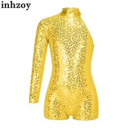 Dancewear Kids Girls Ballet Jazz Dance Leotards Gymnastics Figure Skating Jumpsuit Single Long Sleeve Shiny Sequin Short Unitard DancewearL240502