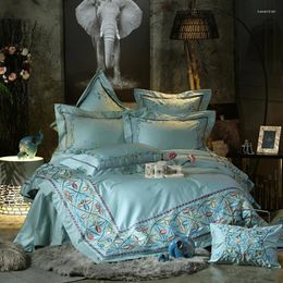 Bedding Sets Light Green Blue High-end Luxury Royal Embroidery 100S/800TC Egyptian Cotton Court Set Duvet Cover Bed Sheet Pillowcases