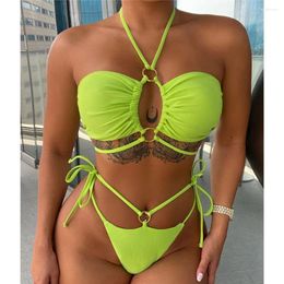 Women's Swimwear Fashion Green String Bikini Thong Halter Cut Out Rings Swimsuits Two-Piece Women Beach Bathing Suit Bikinis Sets Outfit