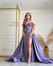 Luxury Beading Sequined Prom Dress Fashion Off the Shoulder Sleeveless Side Split Party Gowns Evening Dress with Detachable Tail