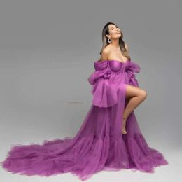 Off Shoulder Charming Maternity Robes for Photo Shoot Sweetheart Long Sleeves Women Dresses Sexy Front Split Baby Shower Gowns