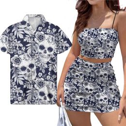 Work Dresses Gothic Skull Printed Couple Outfits Women Sexy Crop Top Short Dress Set For Club Casual Streetwear Match Men Shirts