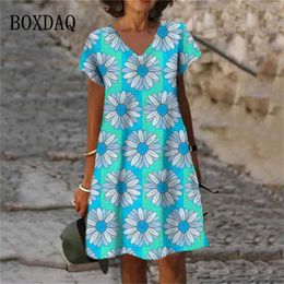 Basic Casual Dresses Hot Sale Clothing Women 2023 Summer Dresses Flowers Plant Daisy 3D Print Short Slve Dress Casual V-Neck Loose Dress Oversized Y240515