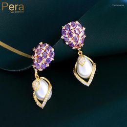 Dangle Earrings Pera Noble Purple Cubic Zirconia Inlaid Gold Colour Long Dangly Pearl Drop Wedding Banquet Dress Jewellery For Women E0018
