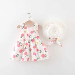 Girl's Dresses Summer New Baby Girls Dress Butterfly Machine Halter Peach Flower Pattern + Hat Sweet Princess Dress Birthday Party Team Dress