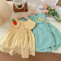 Clothing Sets Summer Children Kids Baby Infants Cute Fruit Cotton Girls Plaid Sweet Princess 2pcs Suit Children's
