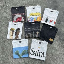 Retro Designer t shirts for Men and Women Saint Michaels Worn-out Hole West Coast Washed High Street Vintage Short Sleeved for Womens Fashion