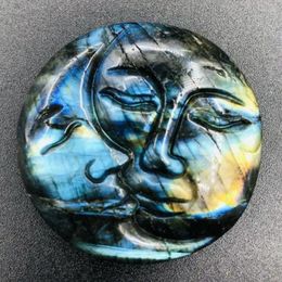 Decorative Figurines Natural Labradorite Carving Sun Moon Face Hand Carved Craft Ornaments Reiki Minerals Meditation Room Decoration Gifts