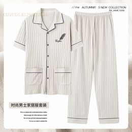 L-5XL Summer Elegant Pyjamas Knited Cotton Mens Pajamas Sets Long Pants Sleepwear Pyjamas Night Pijamas Plus Size Homewear PJ 240516