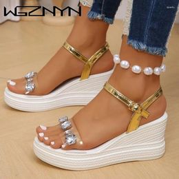 Dress Shoes Women Summer Wedge Heel Sandals Platform Strap Open Toe Chunky Bottom Casual 2024 Rhinestone Gold Silver