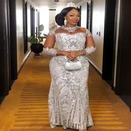 2022 Arabic Aso Ebi Silver Lace Beaded Prom Evening Dresses Sheer Neck Plus Size Mermaid Formal Party Seond Reception Gowns 3560