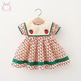 Summer Childrens Clothes Simple Plaid Baby Girls Dresses Short Sleeve Kids Fashion Navy Collar 0 To 3 Years Old Toddler Costume 240516