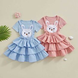 Girl's Dresses Kids Girls Summer Outfits Short Sleeve Solid Colour T-shirt Top with Rabbit Pattern Ruffle Layered Overall Dress 2pcs Clothes Set