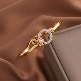 Bangle 316L Stainless Steel Flowers Zircon Hollow Round Open For Women Trendy Gold Plated Cuff Bracelets Waterproof Jewellery