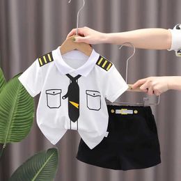 Clothing Sets Childrens and boys clothing set summer new baby boy short sleeved pilot shirt+pants 2PCS childrens clothing set 12M-5Y WX