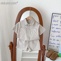 Clothing Sets Childrens Korean retro striped short sleeved shirt+short sleeved set suitable for young boys and girls summer thin casual fashion WX