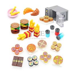 Kitchens Play Food City Mini Food Building Blocks Hamburg Pizza French fries Cake Dessert Chocolate Biscuit MOC Block Plastic Assembly Parts Drawing Toy S24516