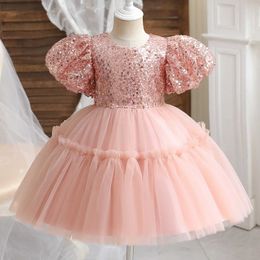 Girl's Dresses Toddler Baby Girl 1st Birthday Baptism Dress Sequin V-Back Bow Kids Clothing Tutu Wedding Party Puff Sleeve Formal Gala Costumes