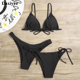 Women's Swimwear Sexy Solid 3 Piece Bikinis Set Push Up Bandage Triangle Women Swimsuit Micro String Bathing Suit Black White Biquini