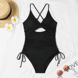 2024 Cut Out Halter One Piece Swimsuit Drawstring Swimwear Women Push Up Brazilian Bathing Swimming Swim Suit Female Beach Wear