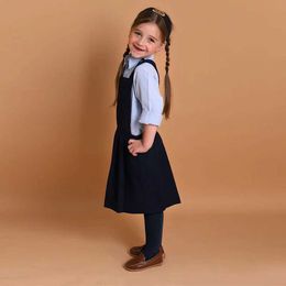 Girl's Dresses Girls dress navy blue pleated Pinafore gold button hanging school dress size 5-9 adjustable waist lining elastic childrens clothing WX