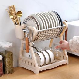 Kitchen Storage Double-layer Dish Drying Rack Draining With Chopstick Cage Households Tools Organiser