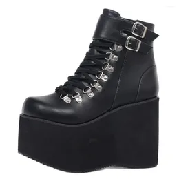 Boots Women Ankle 11CM High Wedge Heel Thick Platform Rubber Sole Buckle Strap Japanese Style Shoes