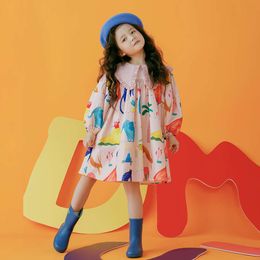 Girls Long Sleeved Dresses for Kids 2023 Spring Graffiti Party Dress Floral Children Princess Costume Toddler Clothes L2405