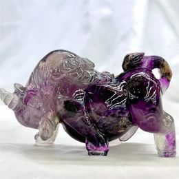 Decorative Figurines 9.5cm Natural Rainbow Fluorite Crystal Bull Hand Carved Animal Figurine Energy Crafts For Home Decoration As Gift 1pcs
