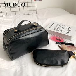 2Pcs/Set High Quality Leather Cosmetic Bag Women Large Travel Storage Bag Double Zipper Black Toiletry Bags Designer Makeup Bag 240515