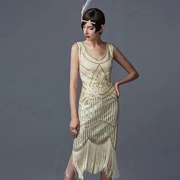 Women Party Dress 1920 s Great Gatsby Flapper Vestidos Sequin Bead Fringe Evening V Neck Embellished Fringed Sleeveless 240508